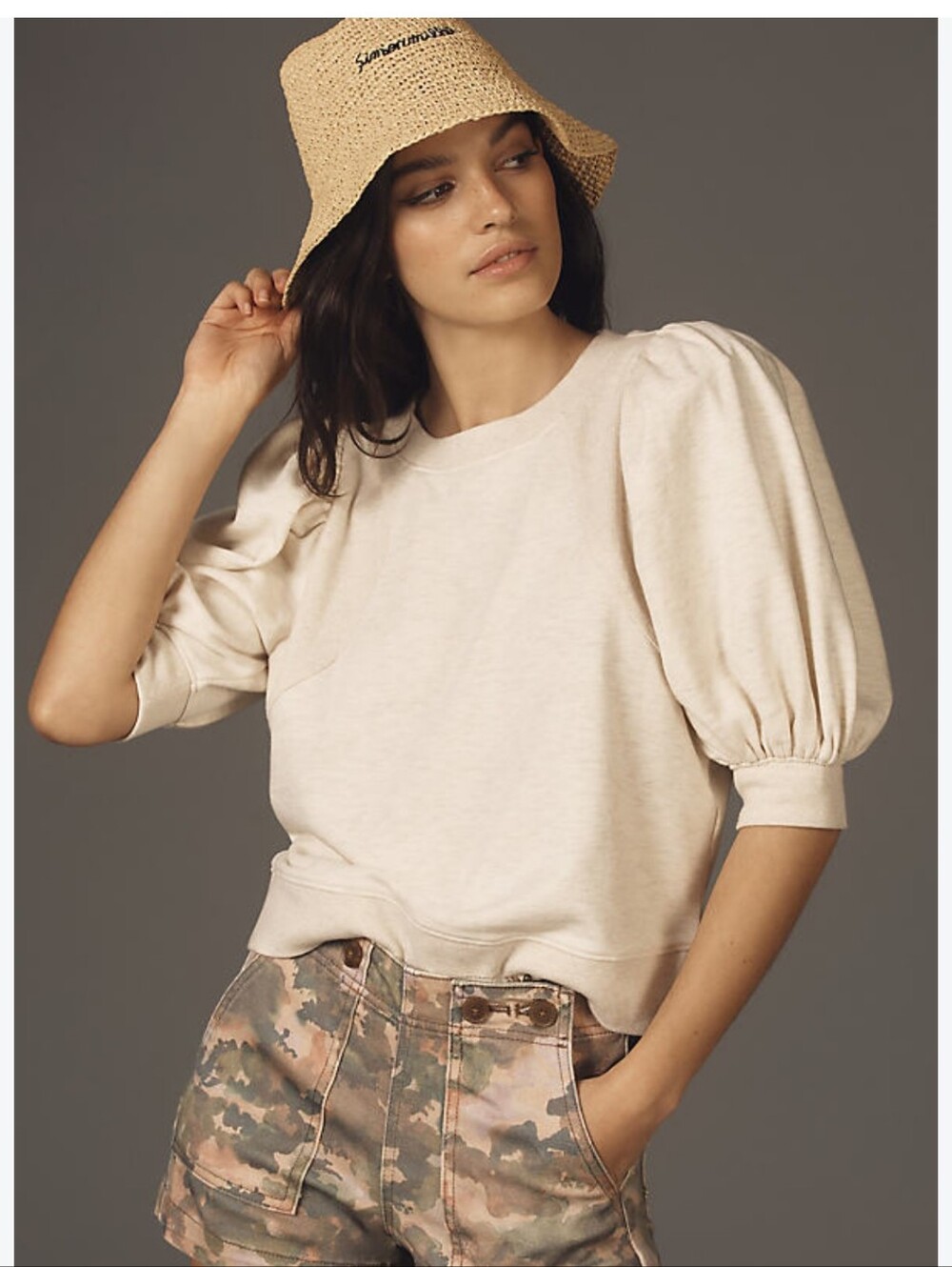 Maeve Cream Short Puff-Sleeve Sweatshirt